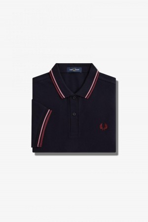 Navy / Dusty Rose Pink / Oxblood Fred Perry M3600 Men's Fred Perry Shirt | QSGWA74108