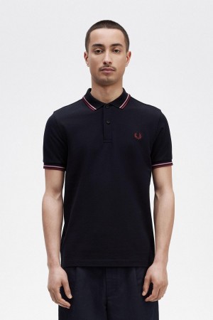 Navy / Dusty Rose Pink / Oxblood Fred Perry M3600 Men's Polo Shirts | SGXMI72261