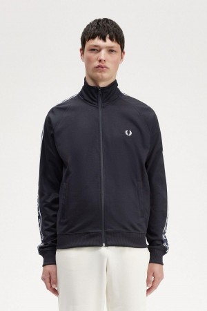 Navy / Navy Fred Perry Contrast Tape Men's Track Jackets | FSGHY22697