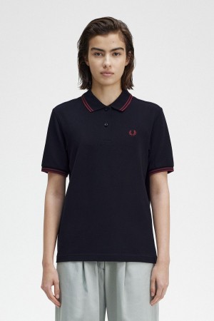 Navy / Oxblood / Oxblood Fred Perry G3600 Women's Polo Shirts | YSGVQ65519