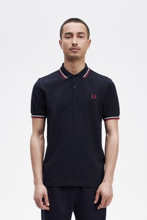 Navy / Snow White / Burnt Red Fred Perry M3600 Men's Polo Shirts | SGDFL72843