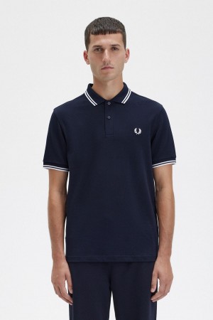 Navy / White / White Fred Perry M3600 Men's Polo Shirts | SGNEJ82862