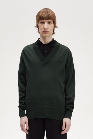 Night Green Fred Perry V-Neck Jumper Men's Knitwear | QSGUV35631