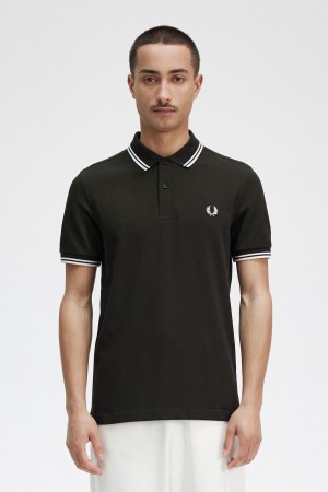 Night Green / Snow White / Snow White Fred Perry M3600 Men's Polo Shirts | ESGHC63889