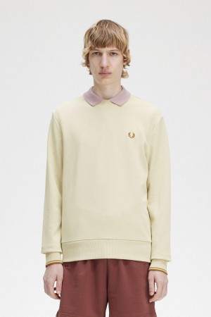 Oatmeal Fred Perry Crew Neck Men's Sweatshirts | SGJVR49172