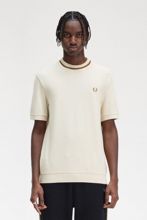 Oatmeal Fred Perry Crew Neck Piqué Men's T Shirts | ASGWC22713