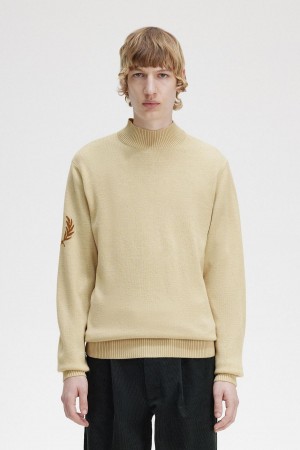 Oatmeal Fred Perry Laurel Wreath Mock Neck Jumper Men's Knitwear | SSGVO98057