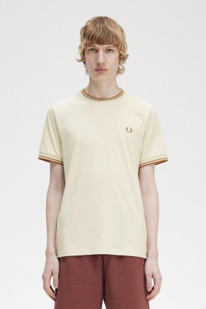 Oatmeal Fred Perry Twin Tipped Men's T Shirts | SGJKU55167