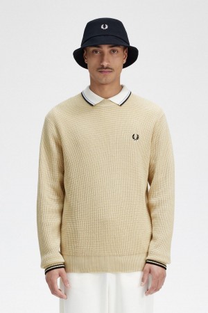 Oatmeal Fred Perry Waffle Stitch Jumper Men's Knitwear | SGJZR81853