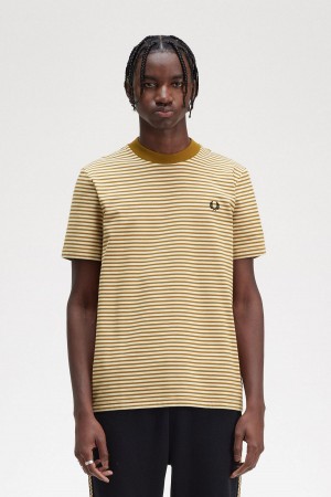 Oatmeal / Dark Caramel Fred Perry Fine Stripe Heavyweight Men's T Shirts | SGQCS19090