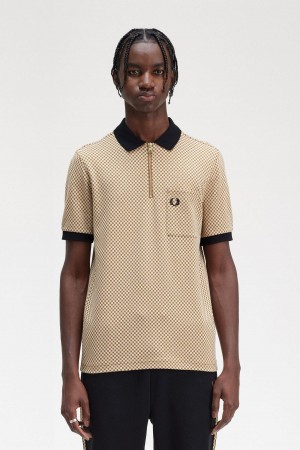 Oatmeal / Dark Caramel Fred Perry Micro Chequerboard Polo Shirt Men's Polo Shirts | SGIIZ85332