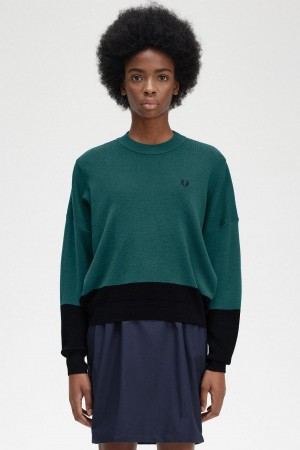 Petrol Blue Fred Perry Colour Block Jumper Women's Knitwear | FSGUI25484