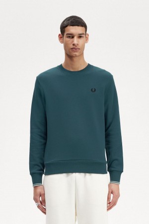 Petrol Blue Fred Perry Crew Neck Men's Sweatshirts | TSGPQ26701