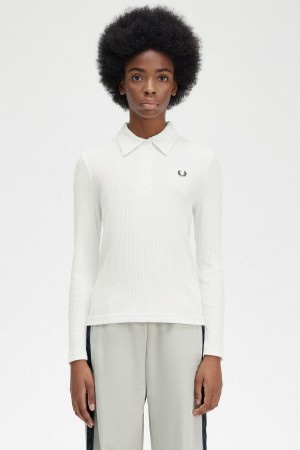 Snow White Fred Perry Long Sleeve Ribbed Women's Polo Shirts | SGEGJ99778