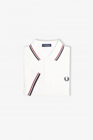 Snow White / Burnt Red / Navy Fred Perry M3600 Men's Fred Perry Shirt | SSGNY36784