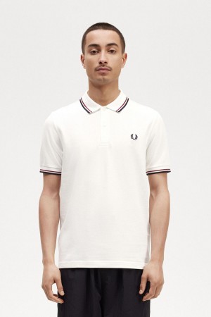 Snow White / Burnt Red / Navy Fred Perry M3600 Men's Polo Shirts | PSGER18025