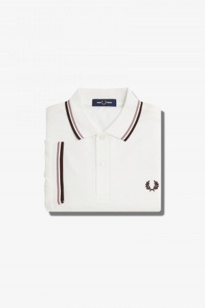 Snow White / Deep Pink / Burnt Tobacco Fred Perry M3600 Men's Fred Perry Shirt | YSGVQ73685