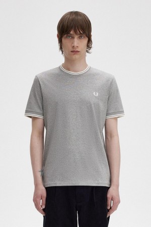 Steel Marl Fred Perry Twin Tipped Men's T Shirts | MSGHR36453