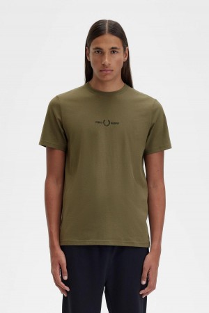 Uniform Green Fred Perry Embroidered Men's T Shirts | SGQCS29410