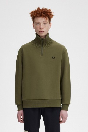 Uniform Green Fred Perry Knitted Trim Zip Neck Men's Sweatshirts | SGICD98382