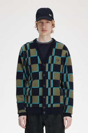 Uniform Green / Black Fred Perry Glitch Chequerboard Cardigan Men's Knitwear | SGJZR50420