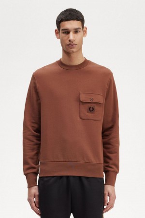 Whisky Brown Fred Perry Badge Detail Crew Neck Men's Sweatshirts | SGIIZ83827