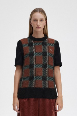 Whisky Brown Fred Perry Glitch Tartan Knitted Tank Women's Knitwear | ESGVG93141