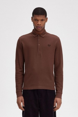 Whisky Brown Fred Perry Honeycomb Cotton Long Sleeve Polo Shirt Men's Polo Shirts | DSGKV65384