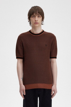 Whisky Brown Fred Perry Textured Knitted T-Shirt Men's Knitwear | GSGUC55429