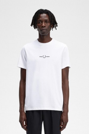 White Fred Perry Embroidered Men's T Shirts | QSGUV24628