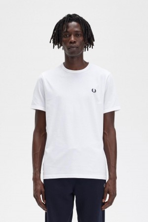 White Fred Perry Ringer Men's T Shirts | QSGWA93297