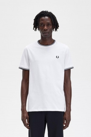 White Fred Perry Twin Tipped Men's T Shirts | SGJBT52678