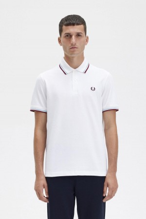 White / Ice / Maroon Fred Perry M12 Men's Polo Shirts | SGZPD52427