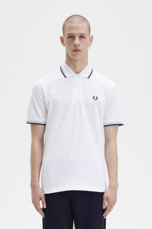 White / Ice / Navy Fred Perry M12 Men's Polo Shirts | YSGGT25487