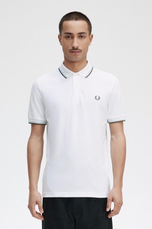 White / Light Ice / Field Green Fred Perry M3600 Men's Polo Shirts | SGCVG24761