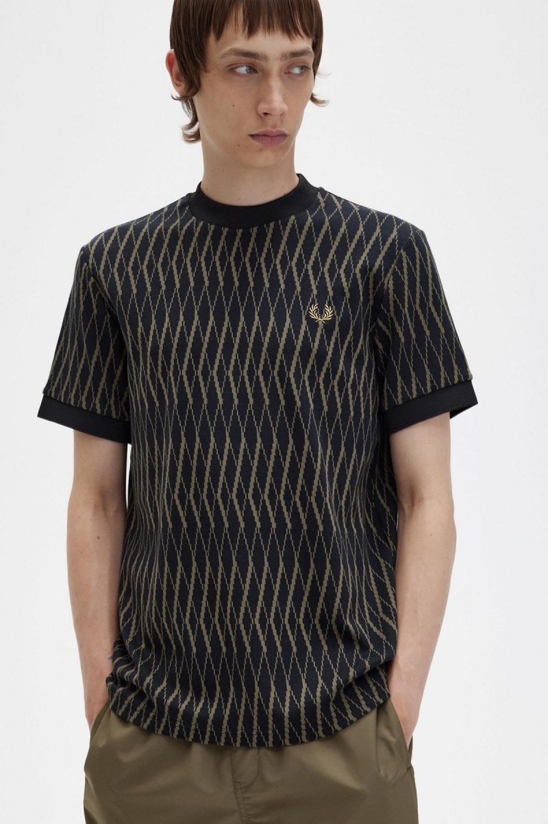 Black Fred Perry Argyle Jacquard Men's T Shirts | USGND58326