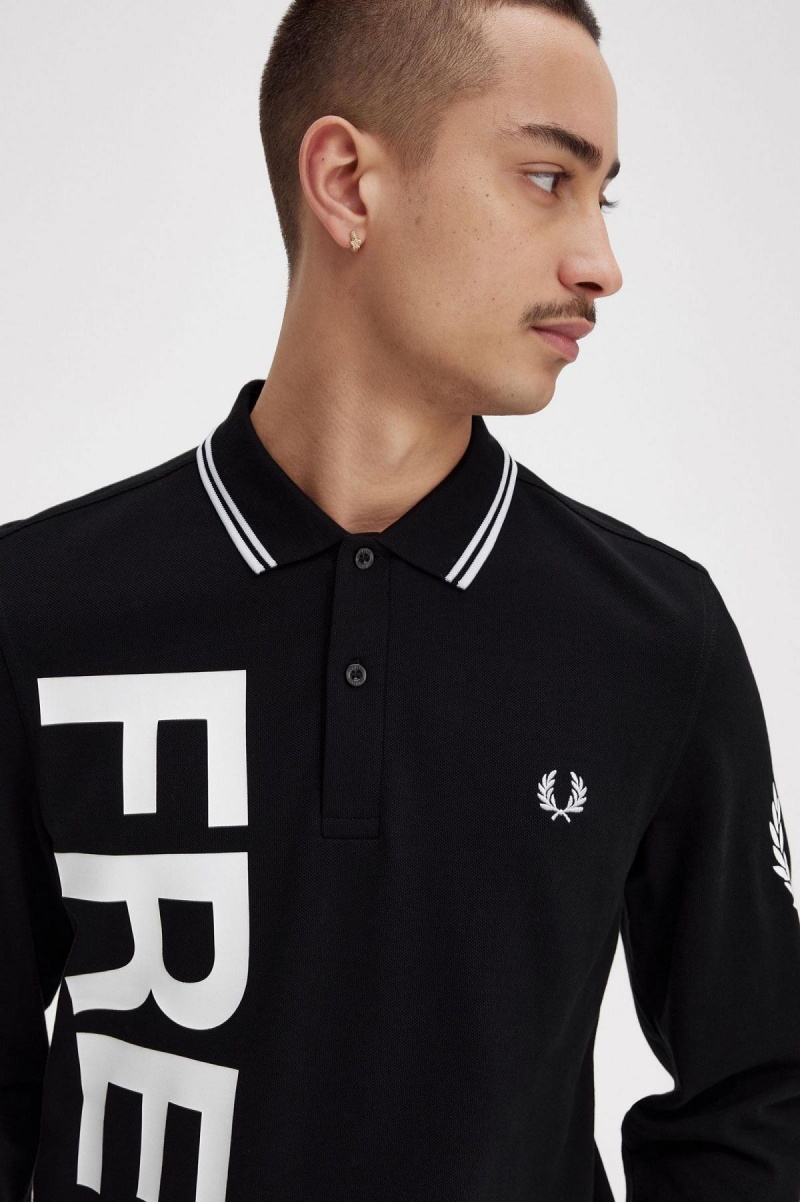 Black Fred Perry Bold Graphic Long Sleeve Fred Perry Shirt Men's Polo Shirts | GSGEC58529