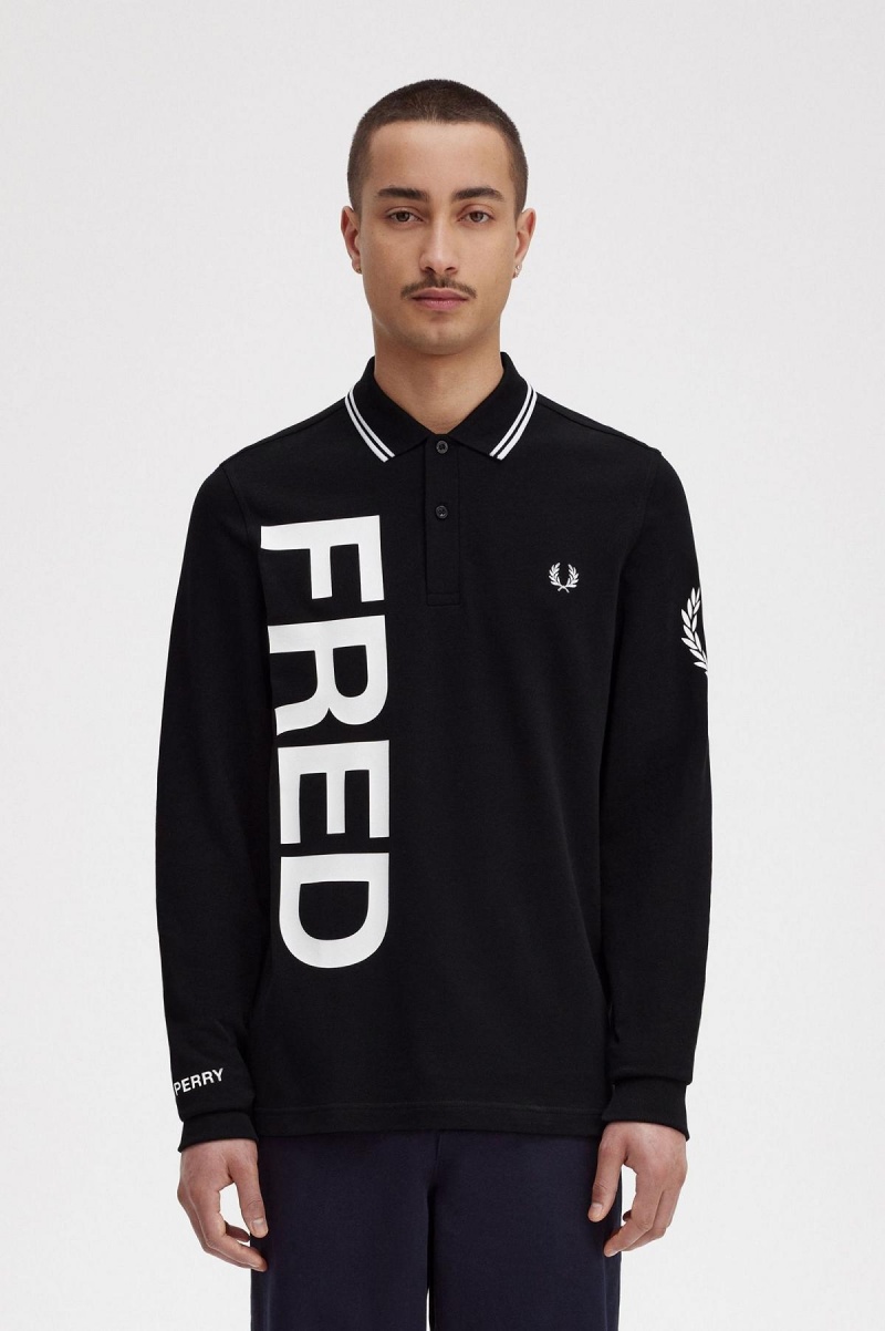 Black Fred Perry Bold Graphic Long Sleeve Fred Perry Shirt Men\'s Polo Shirts | GSGEC58529