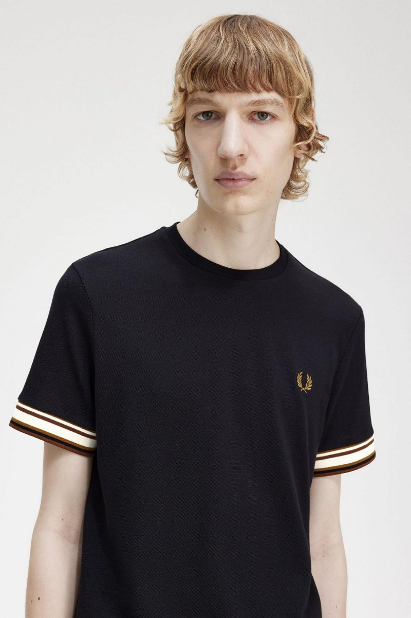 Black Fred Perry Bold Tipped Piqué Men's T Shirts | SGIIZ96453