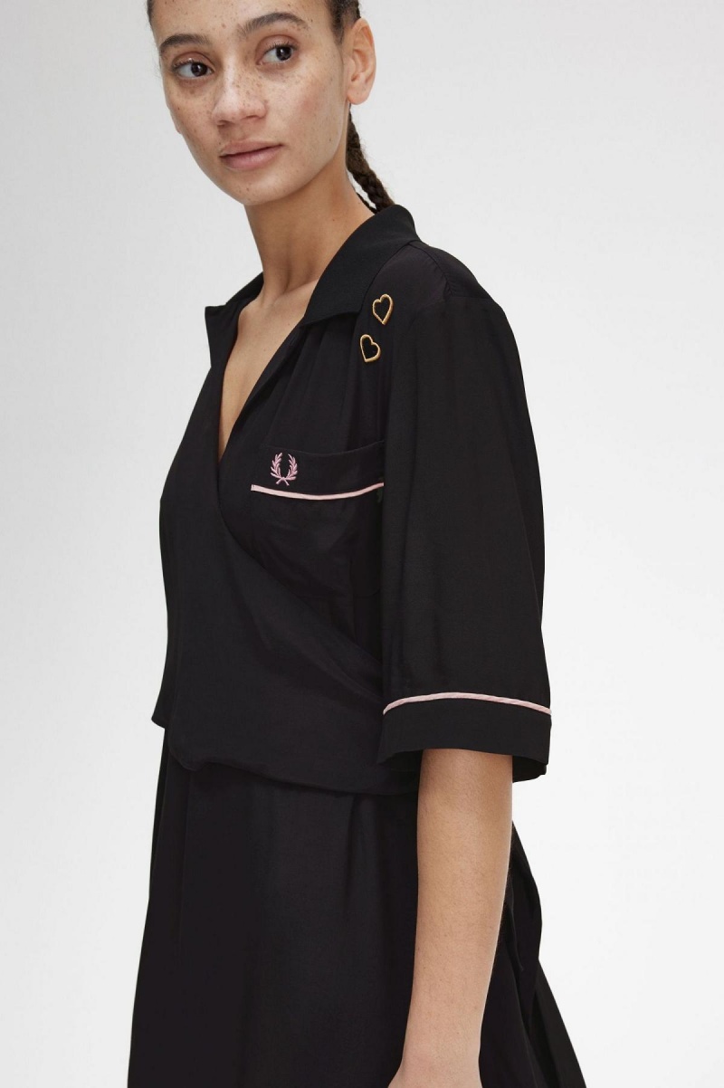 Black Fred Perry Bowling Shirt Women's Dress | FSGHY52942