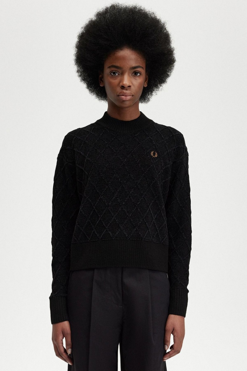 Black Fred Perry Chenille Grid Jumper Women\'s Knitwear | SGCVG47654