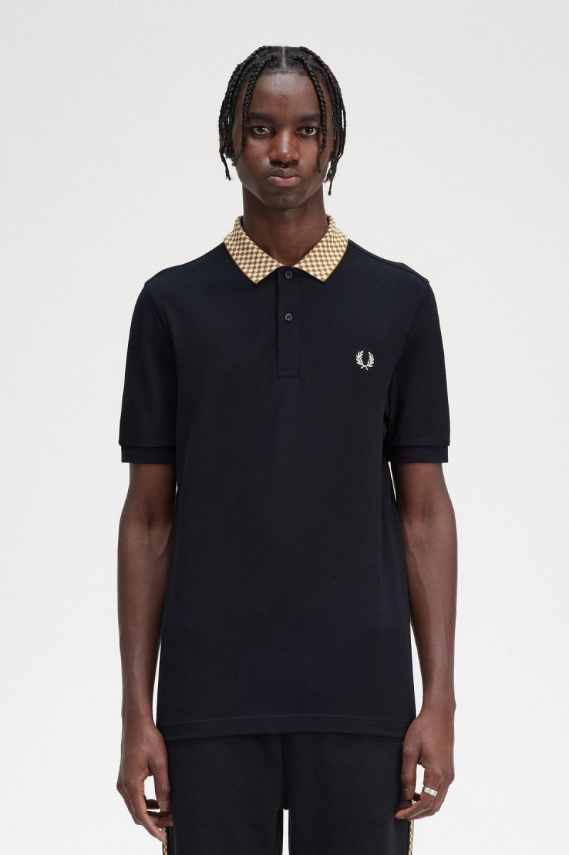 Black Fred Perry Chequerboard Collar Polo Shirt Men\'s Polo Shirts | SGDFL58434