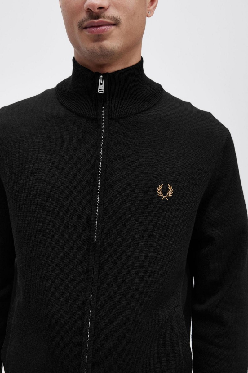 Black Fred Perry Classic Zip Through Cardigan Men's Knitwear | SGJBT43275