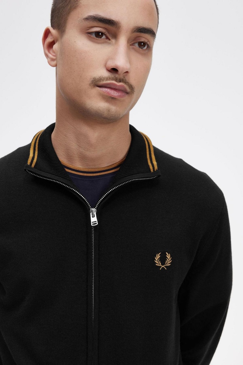 Black Fred Perry Classic Zip Through Cardigan Men's Knitwear | SGJBT43275