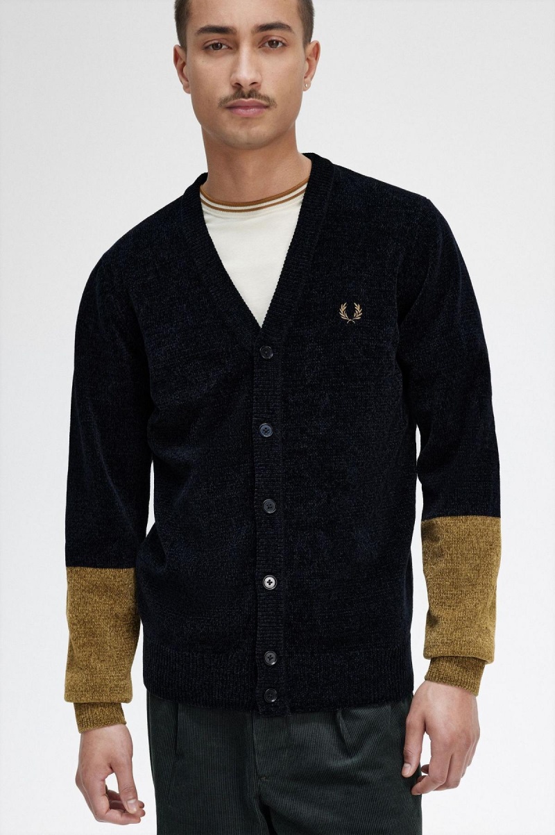 Black Fred Perry Colour Block Chenille Cardigan Men's Knitwear | SGXMI75325