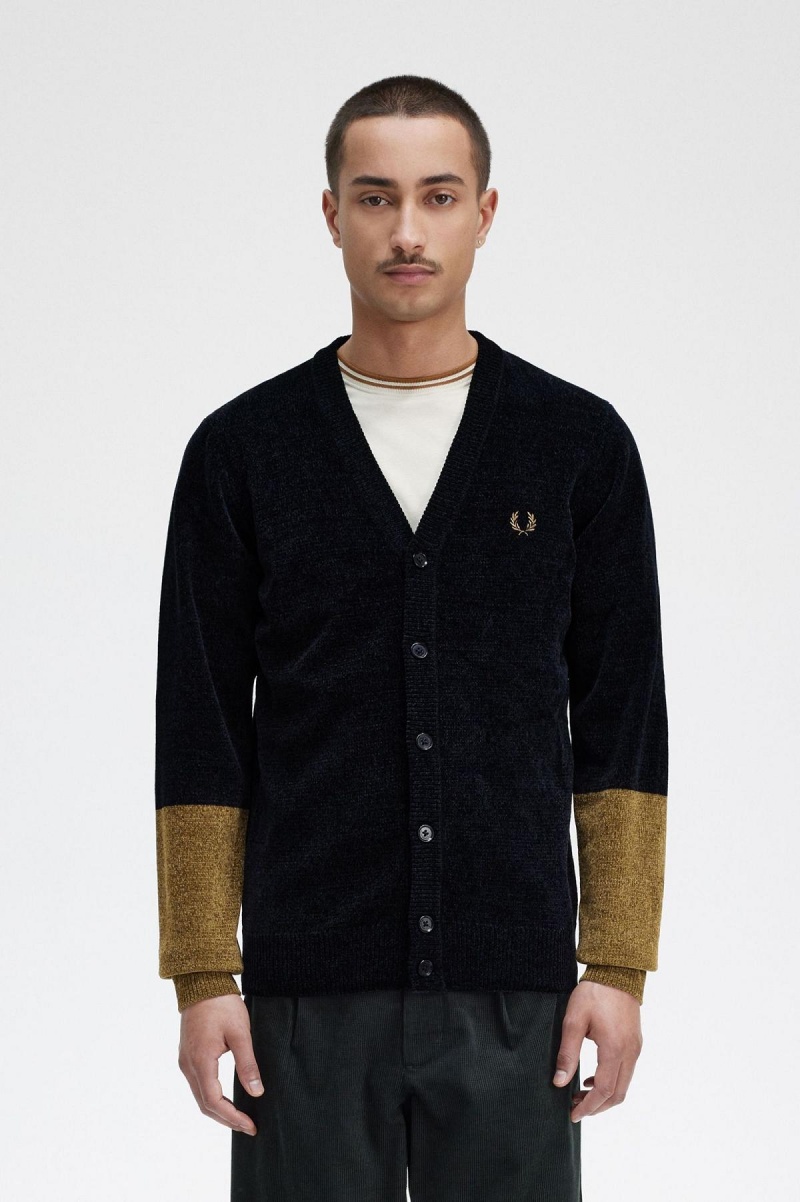 Black Fred Perry Colour Block Chenille Cardigan Men\'s Knitwear | SGXMI75325