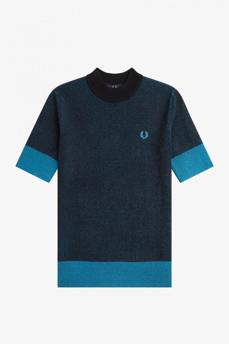 Black Fred Perry Contrast Rib Short Sleeve Jumper Women's Knitwear | YSGVQ40913