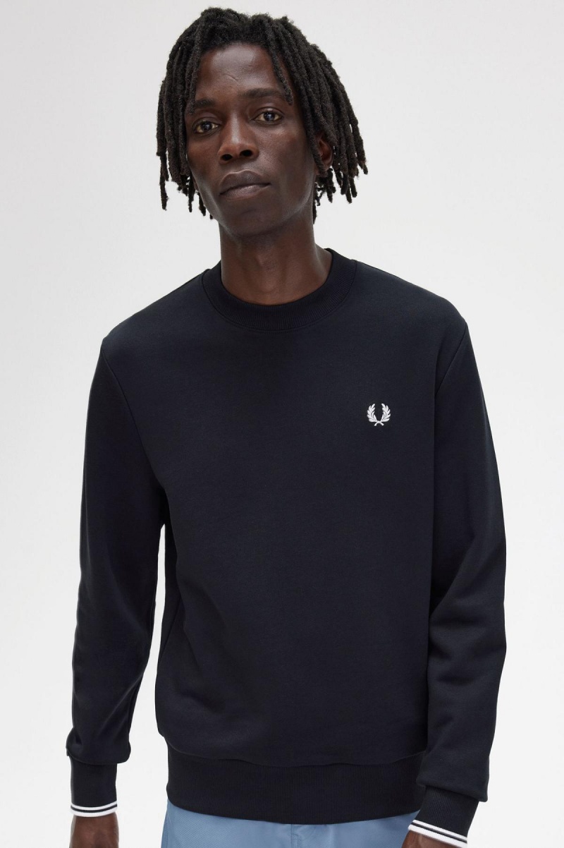 Black Fred Perry Crew Neck Men's Sweatshirts | ZSGMJ69702