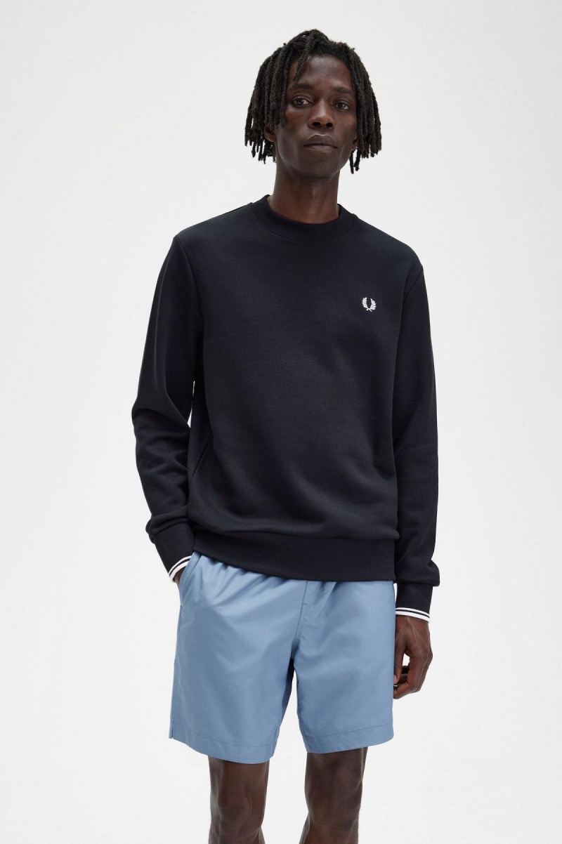 Black Fred Perry Crew Neck Men's Sweatshirts | ZSGMJ69702