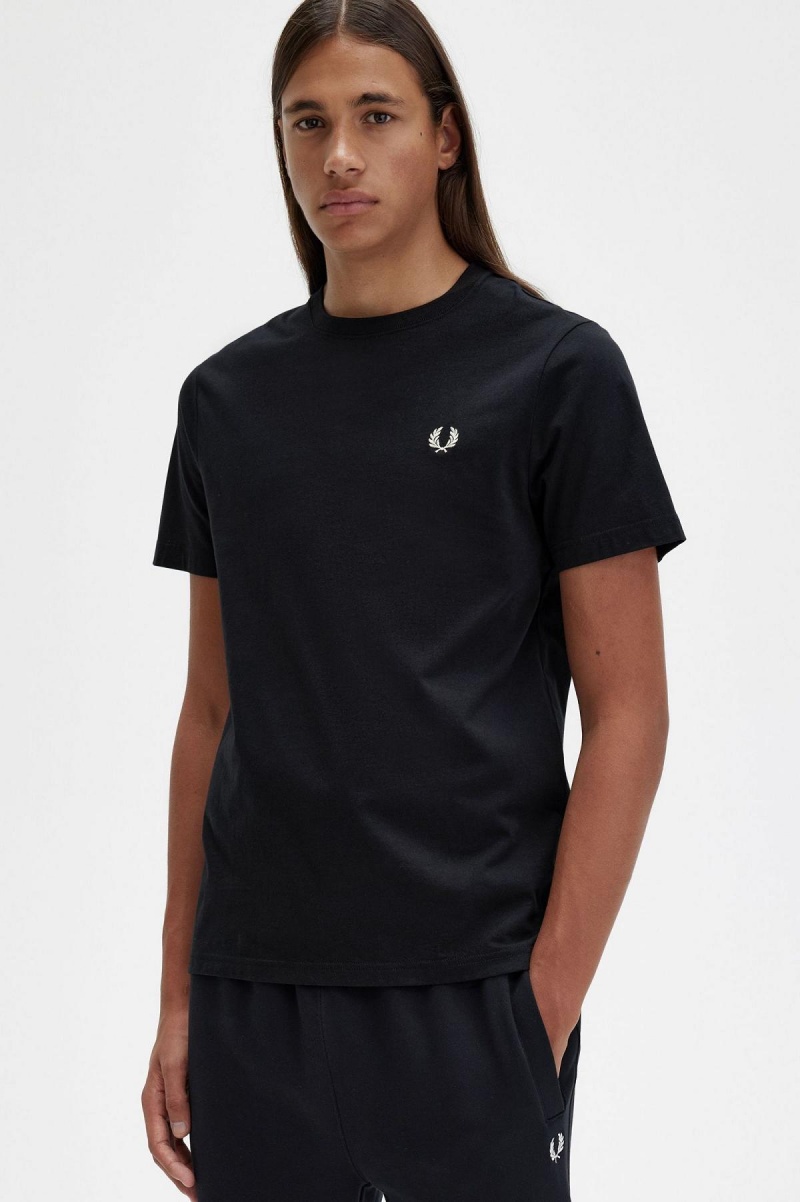 Black Fred Perry Crew Neck Men's T Shirts | QSGUV24944